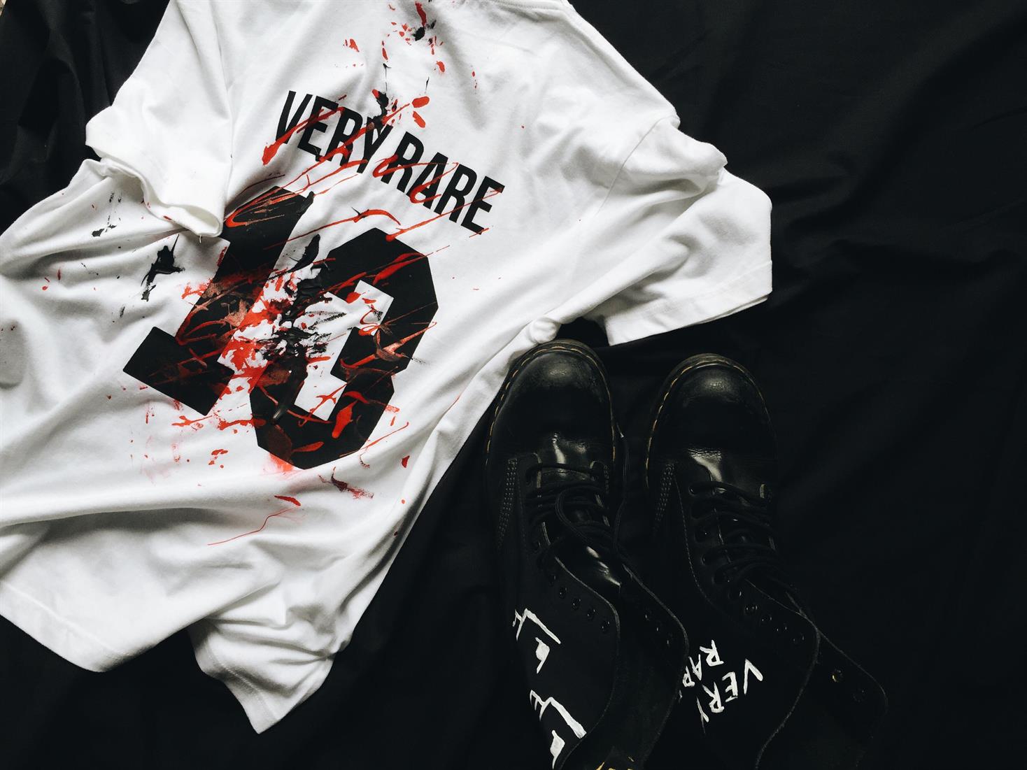 VERY RARE - spilled paint t-shirt and bauhaus dr martens boots - by sven harambasic